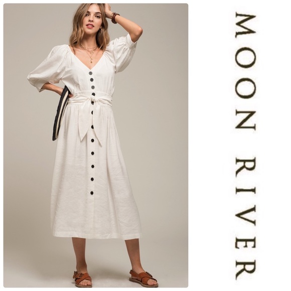 Moon River Puff Sleeve tie waist dress - Picture 2 of 9